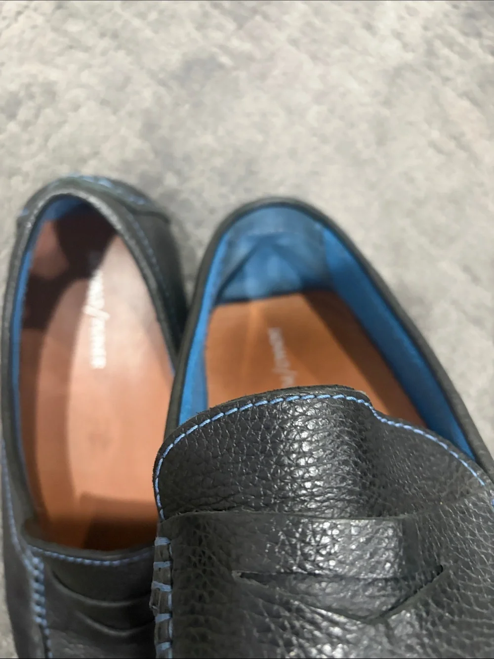 Donald J. Pliner Black Leather Penny Loafers with Blue Stitching